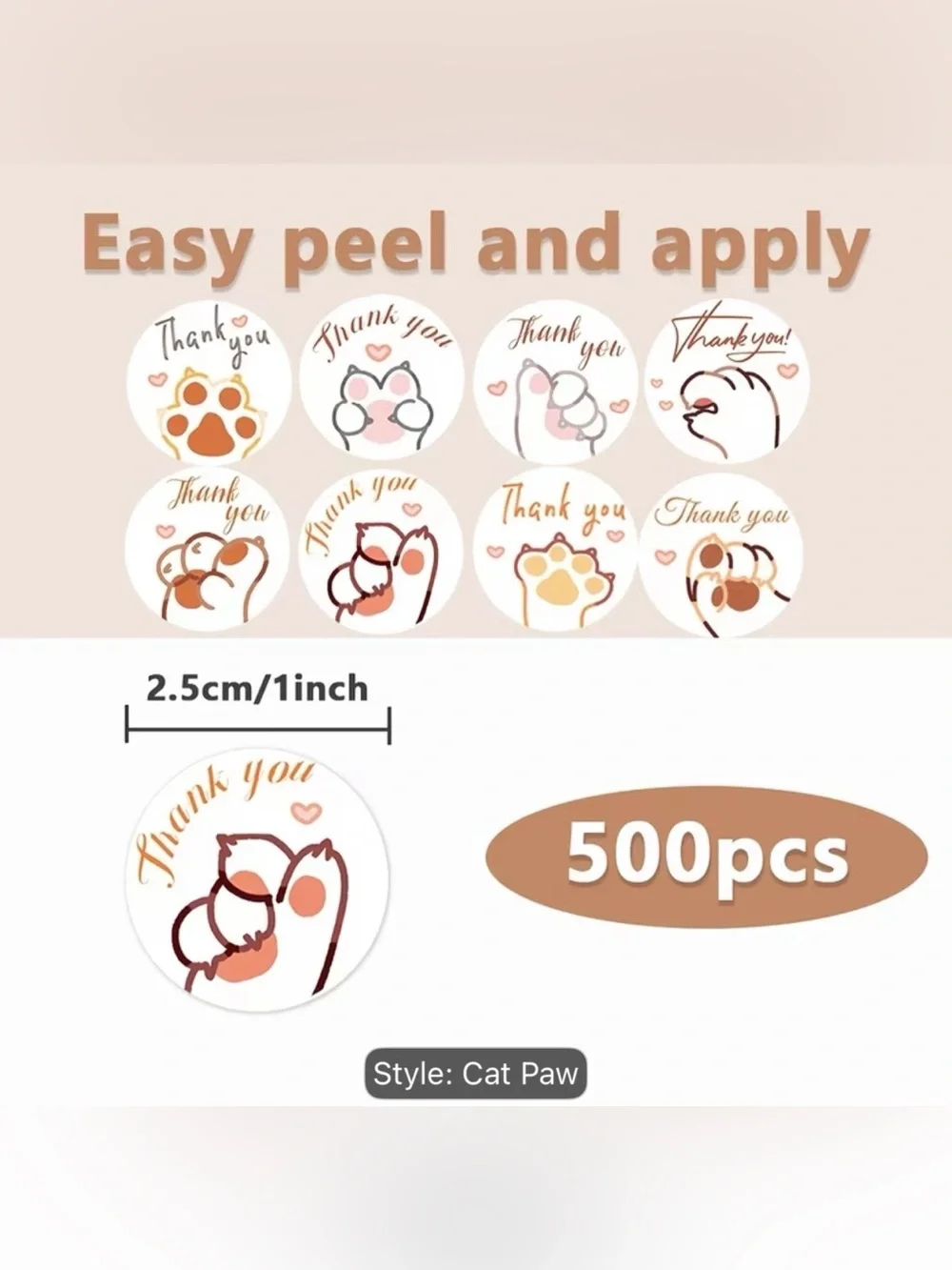 500 Pcs Cat Paw Thank You Sticker - Neutral Brown & Cream